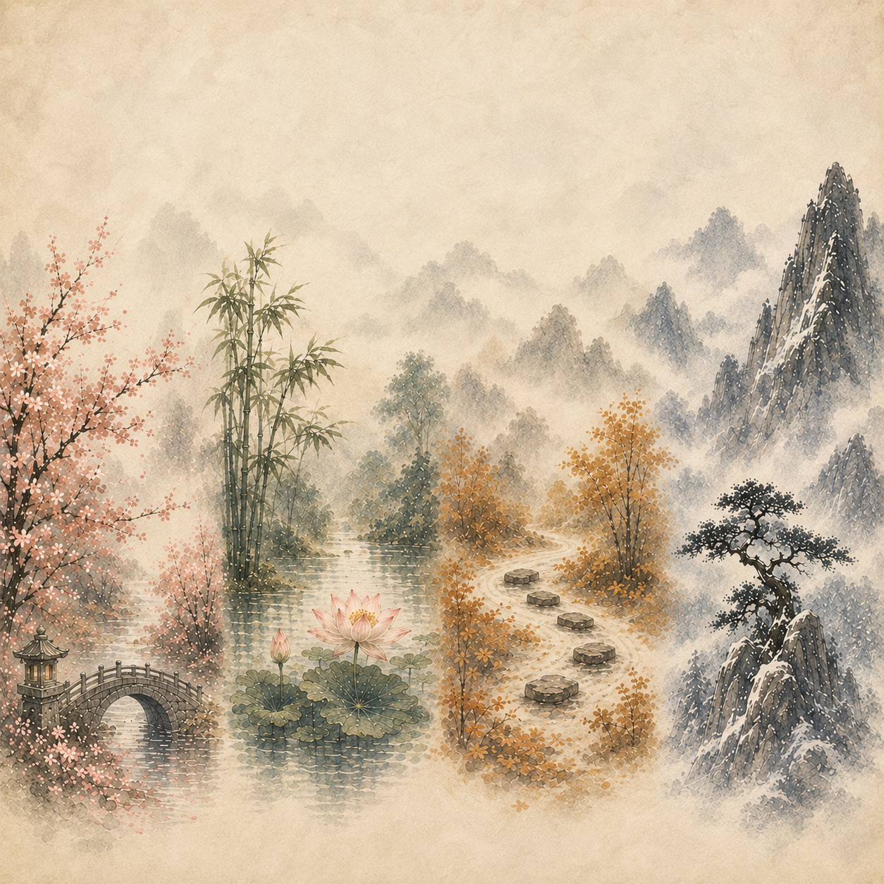 Mountains, river, lotus, and changing seasons in Kairosia’s ink and parchment artwork