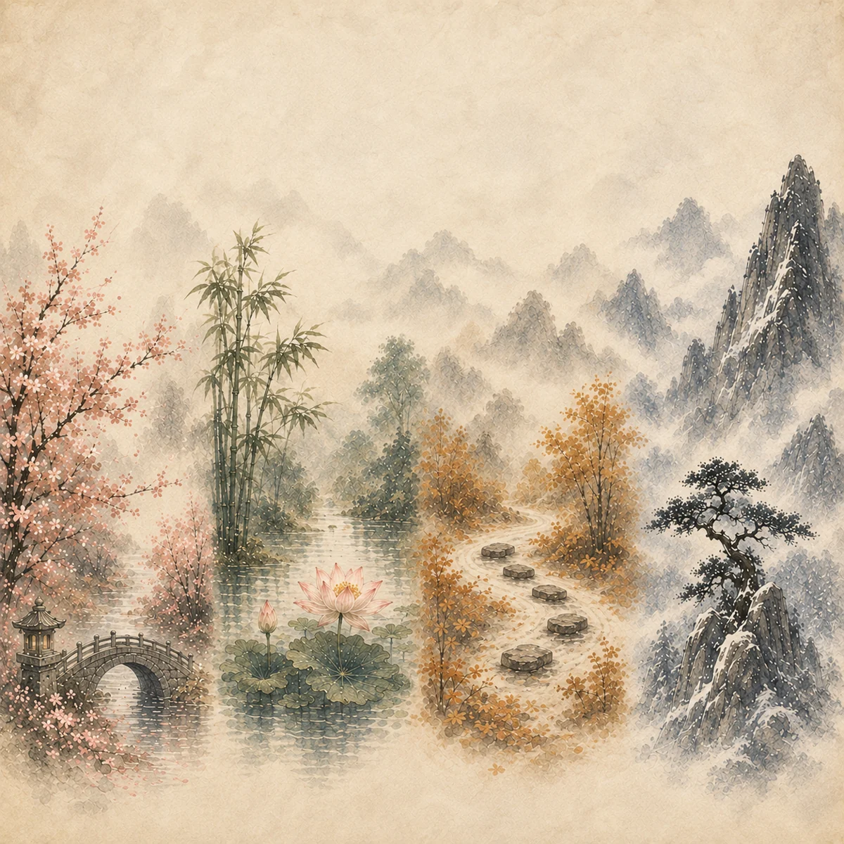 Mountains, river, lotus, and changing seasons in Kairosia’s ink and parchment artwork